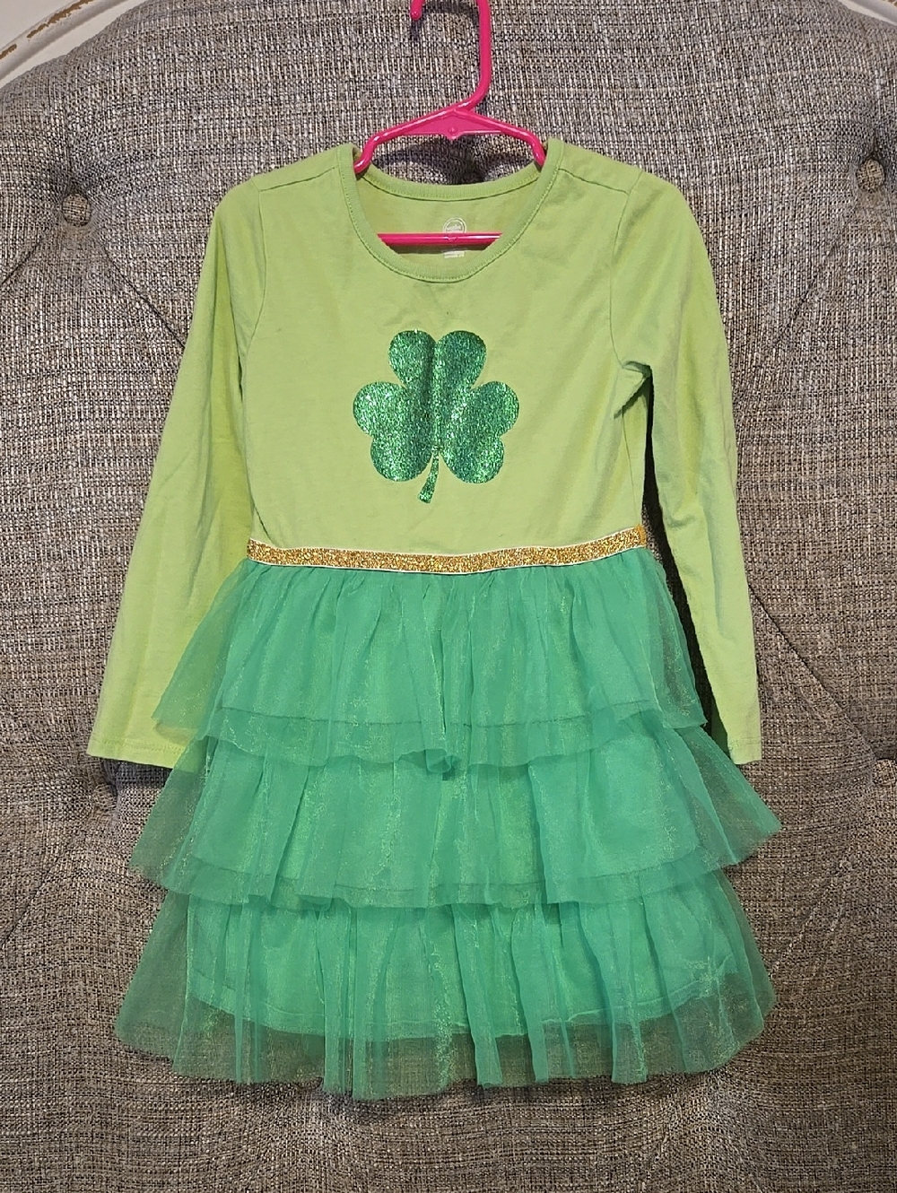 5t Green Shamrock Tulle Dress with Gold Waist